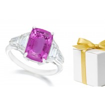 Cushion Pink Sapphire Three Stone Sapphire Engagement Ring with Half-Moon Diamonds in 14k White Gold