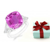 Cushion Pink Sapphire 3 Stone Sapphire Engagement Ring with Trillion Diamonds in 14k White Gold