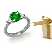 Three-stone Diamond Rings: Gold & Trillion Diamond & Crystal Green Round Emerald Vintage 3 Stone Ring