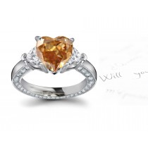 Center Heart Brown Diamond & Heart White Diamonds Accents Three Stone Engagement Ring in Platinum & White Gold