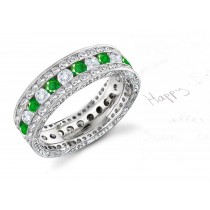 Emerald & Diamond Band Bordered with 2 Rows of Diamonds, Engraved Sides