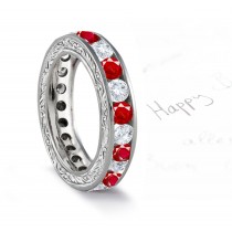 Diamond & Ruby Wedding Band with Scrolls Motifs on Sides in 14k Gold