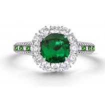 Latest Collection: Delicate Halo Micropave Side Accents Green Emeralds & Diamonds Engagement Rings