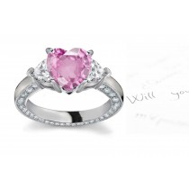 Three Stone Heart Pink Sapphire & Diamond Halo Ring Size 3 to 8