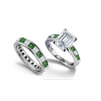 Emerald Cut Diamond & Square Emerald Ring and Matching Wedding Band