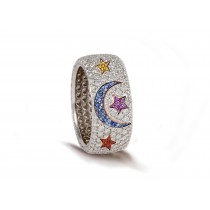 High Quality French pavee Multi-Colored Sapphire & Brilliant-Cut Round Diamond Moon & Stars Eternity Rings & Bands