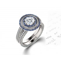 Delicate Micro Pave Halo Vivid Blue Sapphires & Brilliant-Cut Round Diamonds Designer Engagement Rings