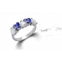 Heart Shaped Blue Sapphire & Diamond Half Eternity Rings in Gold or Platinum