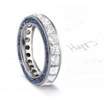 Micro pave Halo Round & Princess Cut Diamond & Blue Sapphire Eternity Rings