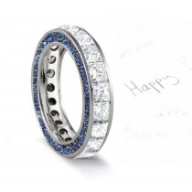 Micro pave Halo Round & Princess Cut Diamond & Blue Sapphire Eternity Rings