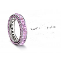 Micro pave Halo Round & Princess Cut Diamond & Pink Sapphire Eternity Rings