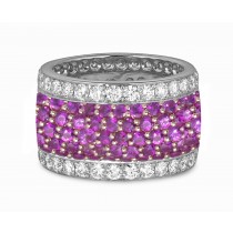 Micro pave Halo Brilliant Cut Round Diamond & Purple Sapphire Eternity Rings