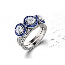 Delicate Micro Pave Halo Vivid Flower Blue Sapphires & Brilliant-Cut Round Diamonds Designer Engagement Rings