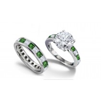 Ornamental Designs: New! Gorgeous Round Shape Emerald Gemstone Diamond Three-Stone Ring in 14k White Gold & Platinum