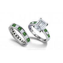 Highly Prized Emeralds: 14k Gold Ring Features Emerald Cut Diamonds & Princess Cut Emeralds and Diamond Band