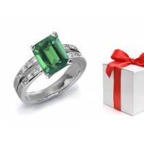 "Special Design" Natural Emerald Cut Emerald & Princess Cut Diamond Chevron Ring