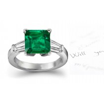 Signature 3 Stone Square True Emerald, Baguette Diamond & Platinum Ring Size 3 to 8