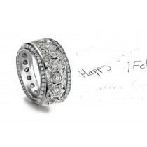 "Very Wide" High Diamond Open Work Gold Band & Diamonds Micropavee in Floral Motifs All Around Halo of Divine Light