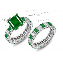 A Large Assortment: Super Natural "Vibrant" Square Wonderful Green Color Emerald & Diamond Engagement Ring & Emerald Eternity Band 