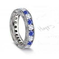 Blue Sapphire & Diamond Anniversary Foliate Scrolls & Motifs Gold Band