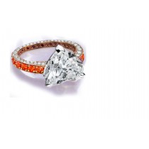 Ring with Heart Diamond & Pave Set Diamonds & Orange Sapphires in Gold or Platinum
