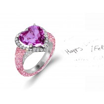 Custom Manufactured Precision Set Pave Halo Brilliant Round Diamonds & Heart Pink Sapphire Rings