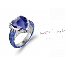 Custom Manufactured Precision Set Pave Halo Brilliant Round Diamonds & Heart Blue Sapphire Rings