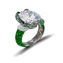 Ring with Round Diamond & Pave Set Emeralds & White Diamonds in Gold or Platinum