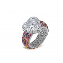 Halo Heart Diamond Ring with Diamonds & Rainbow Sapphires in Gold or Platinum