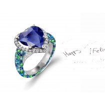 Custom Manufactured Precision Set Pave Halo Brilliant Round Diamonds & Heart Blue Sapphire Rings