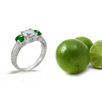 Engraved Filigree Antique Style Three Stone Emerald & Diamond Engagement Rings