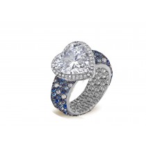 Halo Heart Diamond Ring with Diamonds & Blue Sapphires in Gold or Platinum