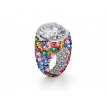 Custom Round Diamond & Rainbow Sapphire Engagement and Right Hand Rings