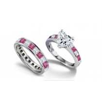 Heart Diamond & Princess Cut Pink Sapphire & Diamond Engagement Ring & Wedding Band in Ring Size 3 to 8