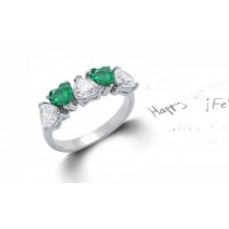 Heart Shaped Green Emerald & Diamond Half Eternity Rings in Gold or Platinum