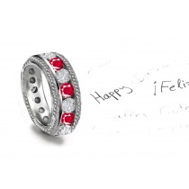 6mm Wide Diamond & Ruby Band Embossed with Floral Scrolls & Motifs