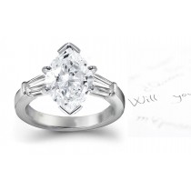 Navette & Bullet Diamonds Three Stone Engagement Ring in Platinum