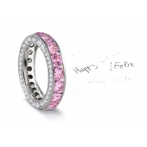 Micro pave Halo Brilliant Cut Round Diamond & Pink Sapphire Eternity Rings