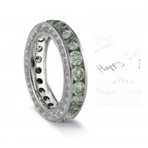 Antique Style Green Diamond Band Sides Profusely Engraved with Scroll, Floral & Leaf Motifs
