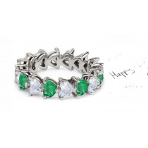 Heart Shaped Diamond Prong Set Diamond & Green Emerald Eternity Rings in Gold