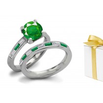 Various Creations: Stunning Composition Cut in Half Rounded Shape True Emerald Ring With Diamonds in 14k White Gold 