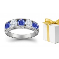 Blue Sapphire With White Diamond Five Stone Rings