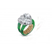 Ring with Heart Diamond & Pave Set Emeralds & White Diamonds in Gold or Platinum