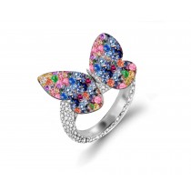 Delicate French Micro Pave Butterfly Rings Collection Featuring Vibrant Rainbow Colored Sapphires & Diamonds