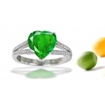 Twisted Shank Pave Set Diamond & Center Heart Emerald Ring