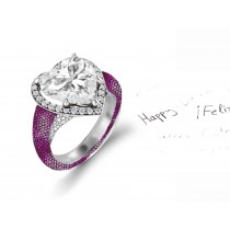 Custom Manufactured Precision Set Pave Halo Brilliant Round & Heart Diamonds & Pink Sapphire Rings