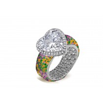 Ring with Heart Diamond & Pave Set Gemstones & White Diamonds in Gold or Platinum