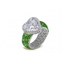 Ring with Heart Diamond & Pave Set Emeralds & White Diamonds in Gold or Platinum