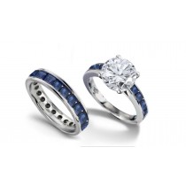 Brilliant Cut Round Diamond & Square Blue Sapphire Engagement Ring & Matching Wedding Band in Platinum