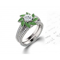 Delicate Micro Pave Halo Vivid Flower Bloom Green Emerald & Diamond Engagement Rings